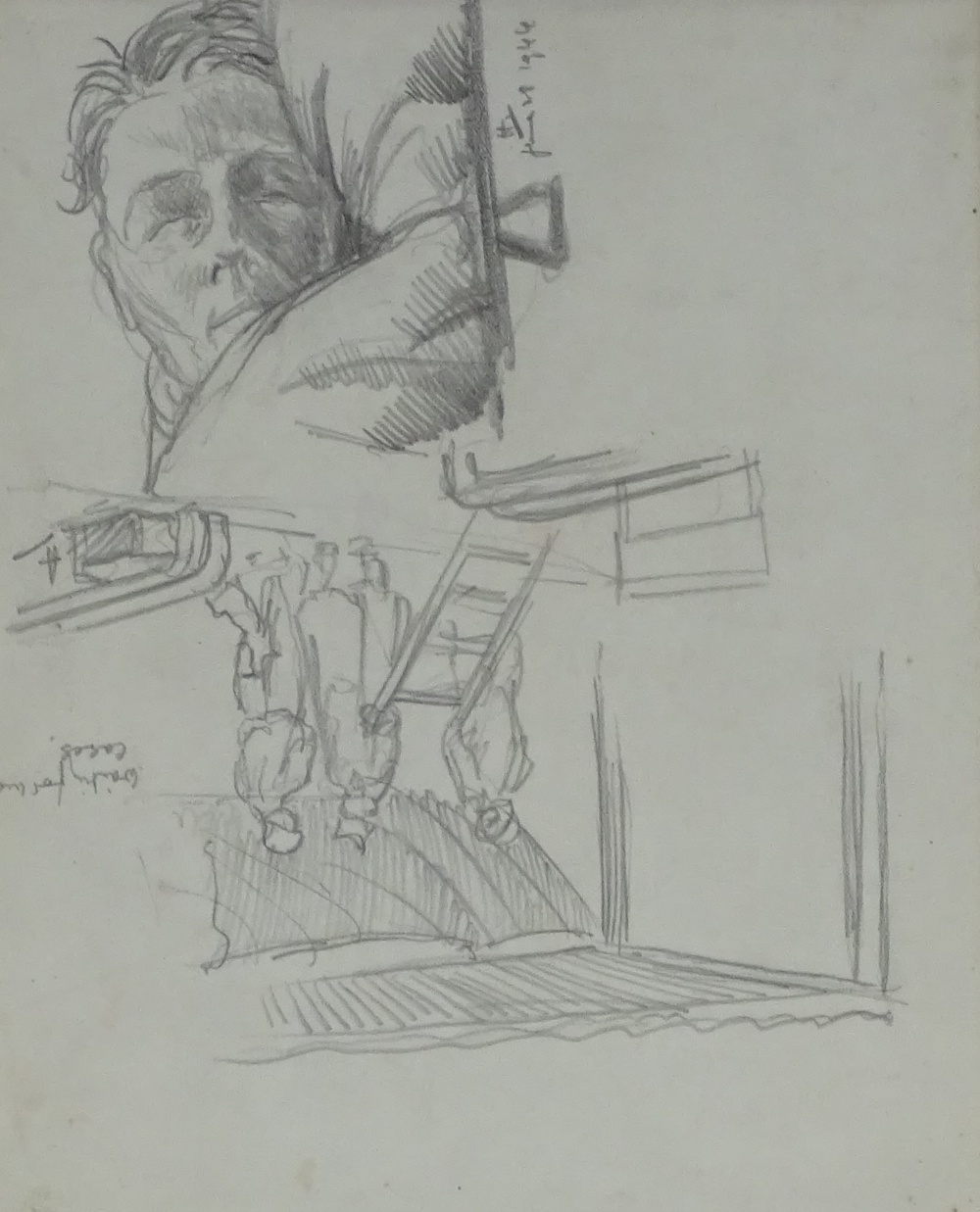 Second War Period pencil sketch, field hospital, indistinctly signed, dated 1944, together with a