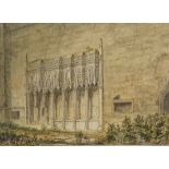 John Buckler (1793 - 1894), watercolour, stone stalls in the choir of Furness Abbey 1874, 7" x 9",