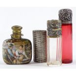 A Cranberry glass silver-topped perfume bottle, 2 other scent bottles, and a scent holder (4)
