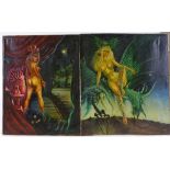 G Davison, pair of oils on canvas, erotic fantasy scenes, 24" x 21", unframed