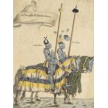 18th century German School, ink / watercolour, detailed study of knights on horseback, 16" x 10.