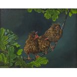 C Woodley, oil on canvas, 3 chicks on a branch, 11" x 14", framed