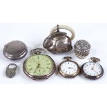 2 silver pillboxes, a silver baby's rattle, pocket watches etc