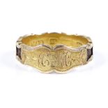 A Victorian 15ct gold mourning band ring, with woven hair panel shank, inscribed inside shank "