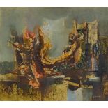Emiliani, mid-20th century oil on board, surrealist composition, 11" x 12.5", framed