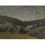 John Bill, oil on board, dusk over Salperton, 1966, signed with monogram, exhibition label verso,