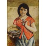 Continental oil on canvas, girl holding a basket, signed with monogram, 16" x 11.5", framed