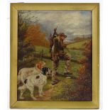 Late 19th century oil on canvas, gamekeeper and hounds, indistinctly signed, 12" x 9.5", framed