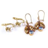 A pair of 18ct gold pearl and white stone earrings, together with a pair of 14ct stone set