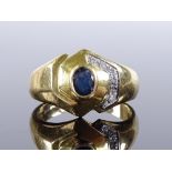 An 18ct gold sapphire and diamond geometric ring, setting height 5.6mm, size P, 5.4g