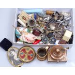 A mixed box of items, including miniature frames, measures, ornaments etc