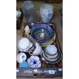 A box of decorative china, and 2 large vases