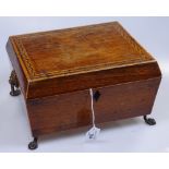 A 19th century inlaid box with brass lion mask handles and paw feet, length 10.25"