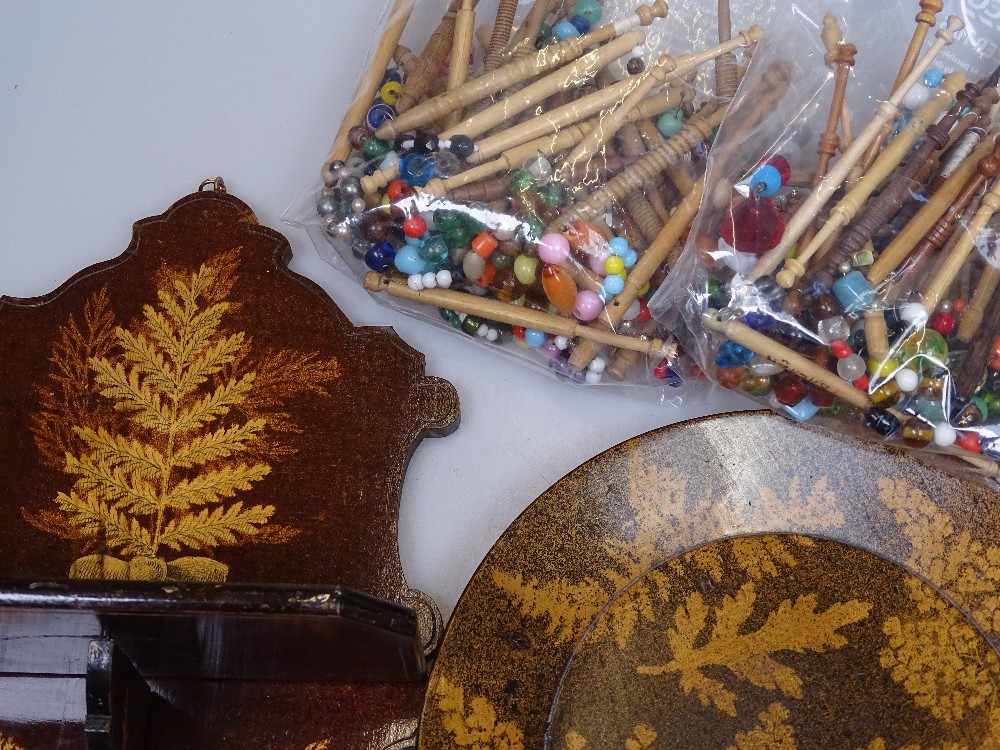 A collection of lace maker's bobbins, and a Furnware wooden folding wall rack, and a Furnware plate - Image 2 of 2