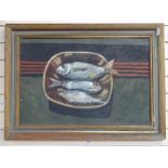 Janet Thorndike, oil on board, fish on dish, signed, 20" x 30", framed