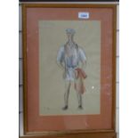 Pair of mixed media on paper, theatrical costume designs, signed with initials TM, 12" x 9", framed