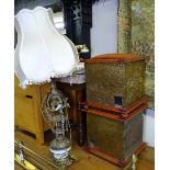 A gilt-metal and ceramic table lamp, a stool, a pair of brass coal boxes etc