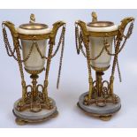 A pair of marble and ormolu incense burners on tripod supports, height 8.5"