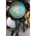 A box of mixed metalware, including a globe, a carved marble sculpture, a pair of Victorian
