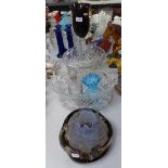 Ornamental glass with amethyst bowl, 14.25", fruit bowls, an Art glass dish