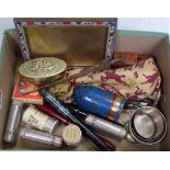 A mixed box of items, including an Indian silver paper knife, a micro-mosaic photo frame, pocket