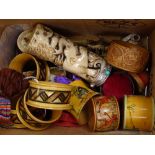 A mixed box of items, including napkin rings, misers purses, a carved bone elephant design vase etc