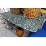 A green and white marble-top garden table, on cast-iron base, W120cm, D80cm