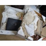 3 boxes of Antique lace and linen, and embroidered fragments