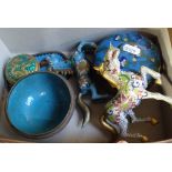 Cloisonne pot and lid, 2 horses, tallest 4.75" etc