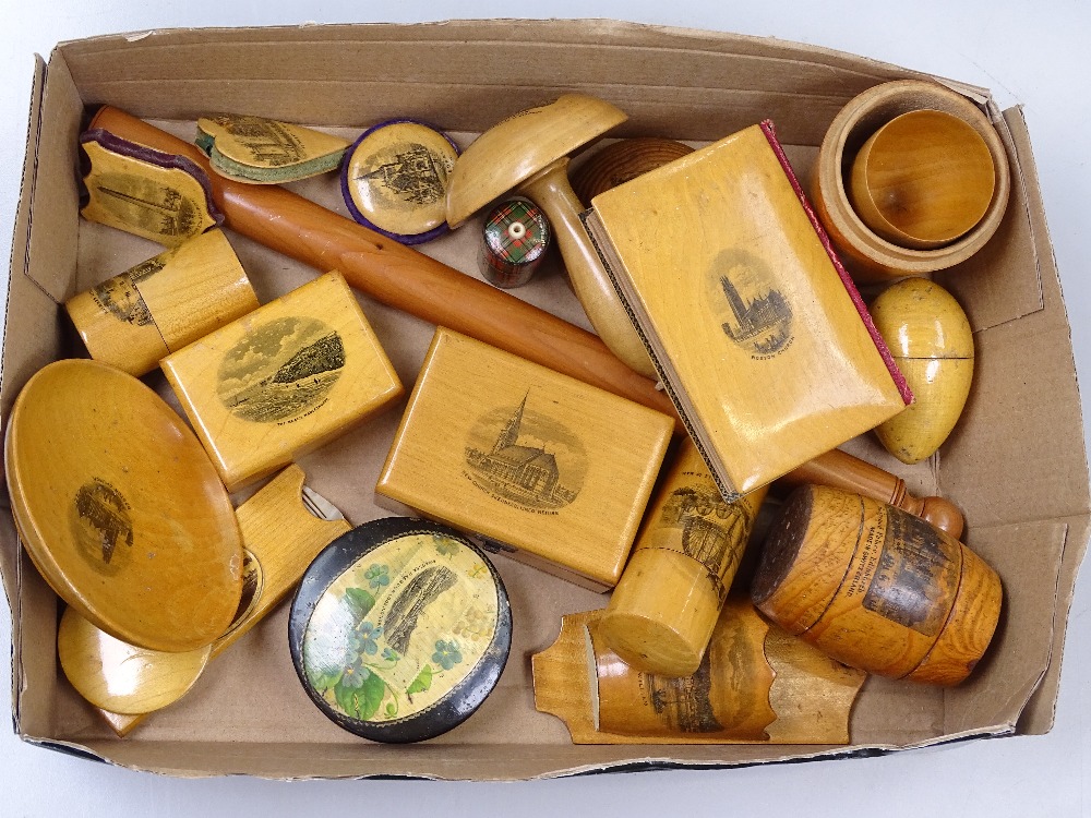 A collection of Mauchlin ware and Tartanware souvenir items