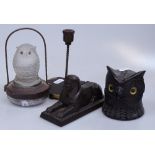 An early Pifco battery-powered novelty lamp with moulded glass owl shade, height 5", a bronze