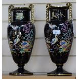 A pair of Antique black glazed vases, with painted and gilded birds and foliage, 15"