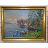 Oil on canvas, lakeside view, gilt-framed, signed