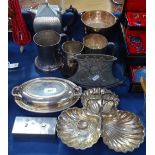 A group of plated items to include a Bumpodo chrome plate flask, an Art Nouveau pewter vase,