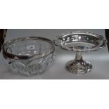 A silver plated table centre comport, and a glass fruit bowl with silver plated rim (2)