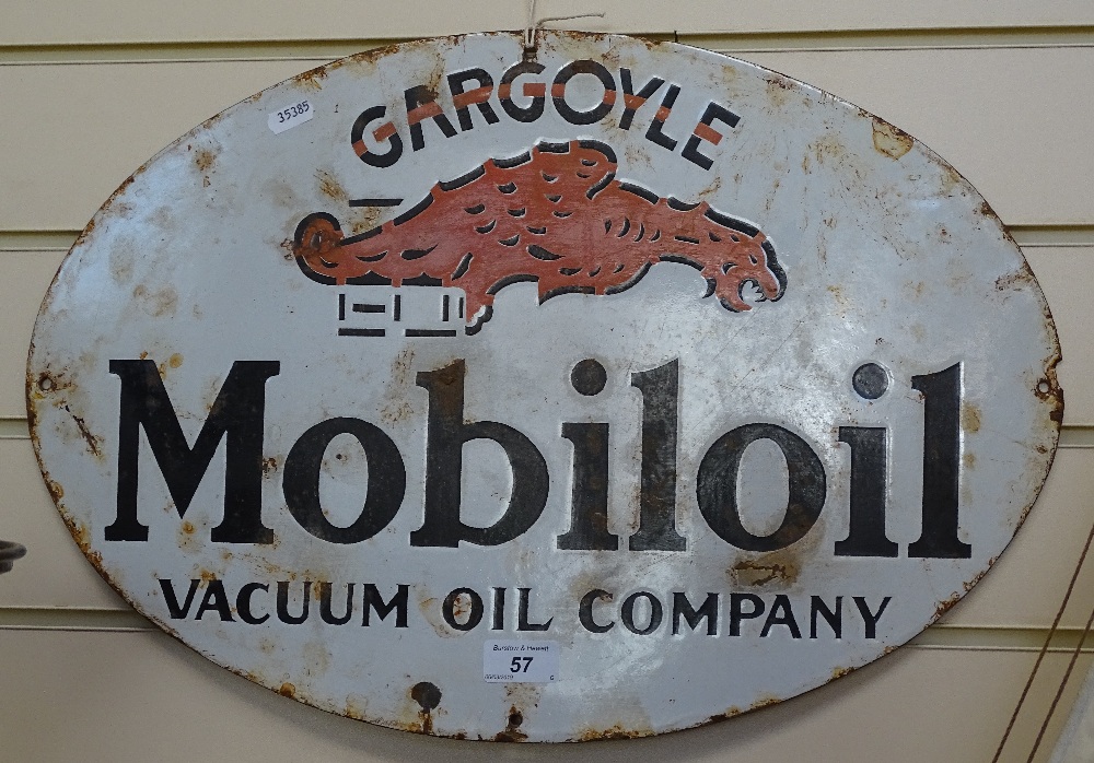 A Vintage enamel advertising sign for Gargoyle Mobiloil Vacuum Oil Company, width 21"