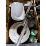 A box of mixed metalware, including a galvanised watering can, scales etc