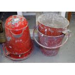 4 Vintage painted fire buckets, originally from the Hastings Observer building, 2 with rounded