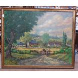 J Eatock, large oil on board, footpath to Sompting, 1986, 40" x 48", framed