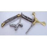 A horn and brass novelty penknife / corkscrew, and 3 other novelty corkscrews (4)