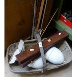 A pair of painted wood acorn finials, height 11", a Vintage trug, and wood mouldings