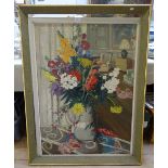 Mary A Foster, large oil on canvas, still life vase of flowers, dated 1935, framed