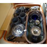 A mixed box of metalware, plated items and pewter