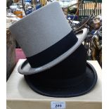 A Moss Bros grey top hat, and a Lock & Co bowler hat