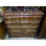 A French flame veneered mahogany chest, with a cross-banded top above 4 long ogee drawers, fluted