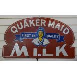 An Antique Quaker Maid milk enamel advertising sign, width 36", height 21"