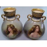 A pair of early 20th century Royal Bonn vases with portrait decoration, height 7.25"