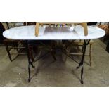 A white and grey oval marble-top garden table, on wrought-iron base, L120cm