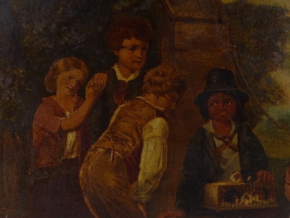 19th century oil on canvas, a group of children at the village pump, unsigned, 18" x 15", unframed - Image 3 of 4