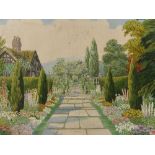 A finely detailed early 20th century embroidered picture, an English country garden, 19" x 25",